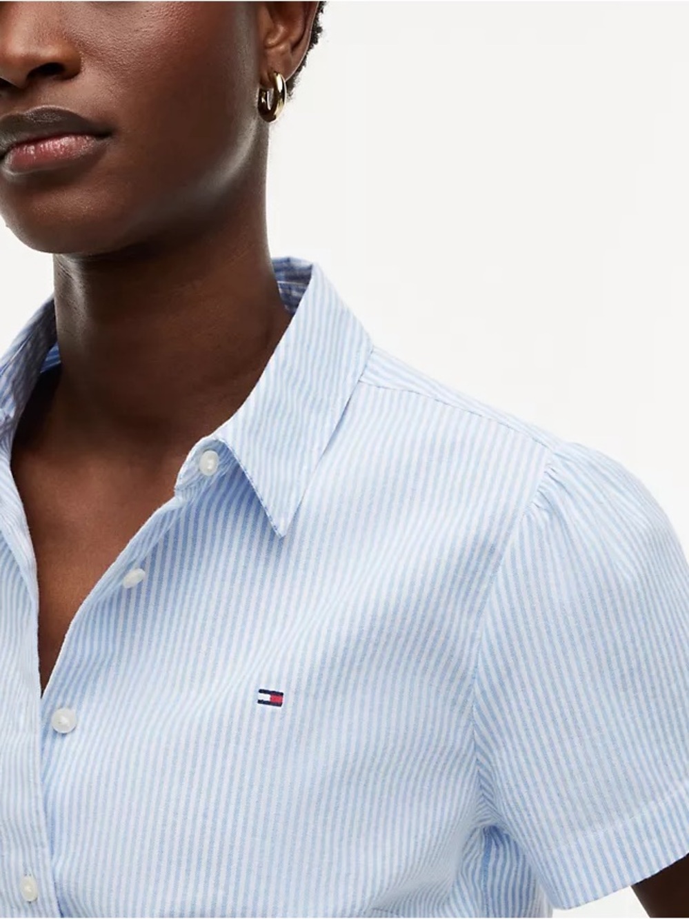 Tommy Hilfiger - Short-Sleeve Oxford Shirt - Powder Blue Stripe - Women’s Large